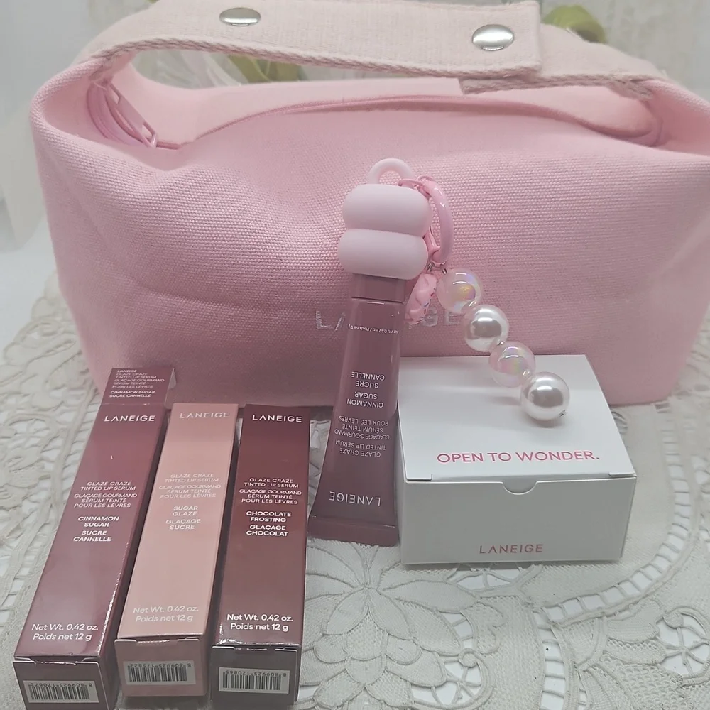 LANEIGE Glaze Craze Tinted Lip Serum X3 With Lip Keychain Cap In Pink Makeup Bag